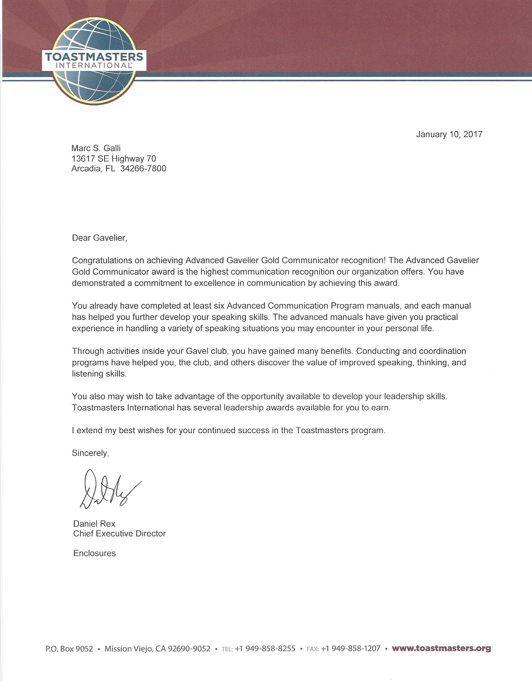 Marc Galli, Toastmasters International, ACG, Advanced Communicator Gold, Letter of Accommodation